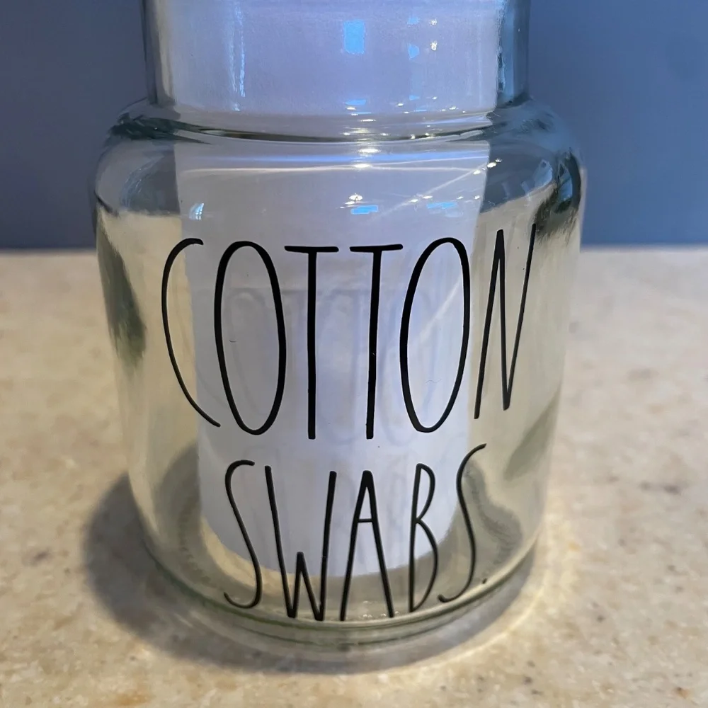 Rae Dunn Vanity Set Glass Wood Jar Containers Cotton Swabs Cotton Rounds